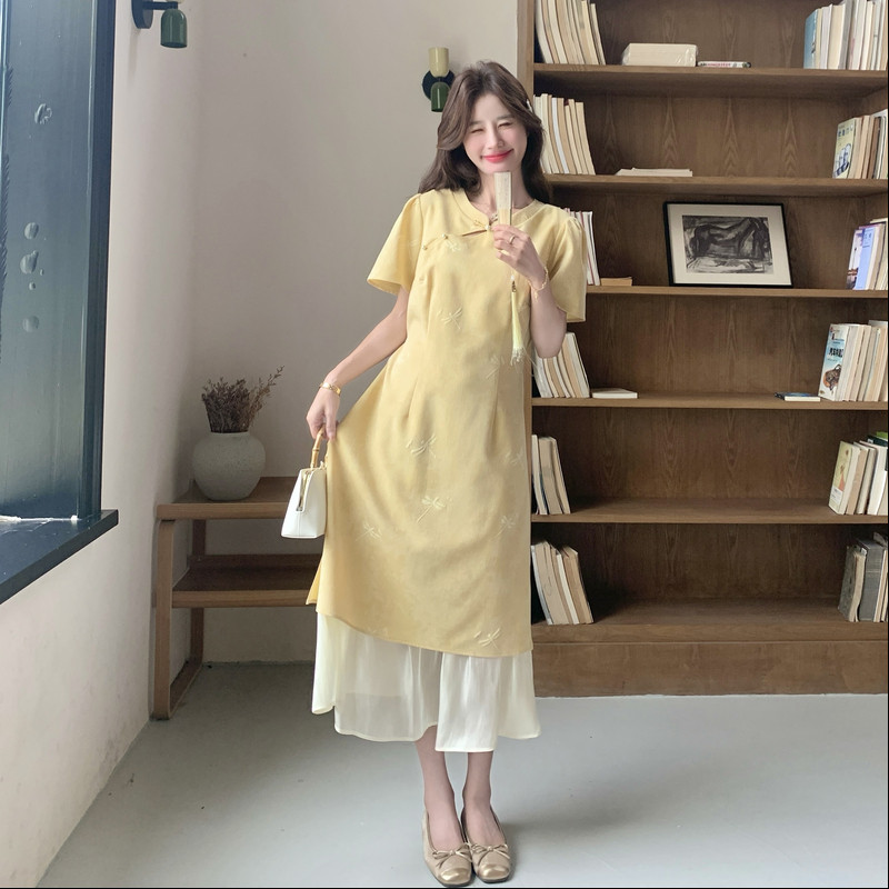 多巴胺黄色新中式短袖旗袍连衣裙子拼接长裙绝美漂亮禅意云南苏州
