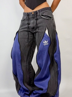 牛仔裤运动裤拼接重构古着remake解构现货正品孤品个性vintage