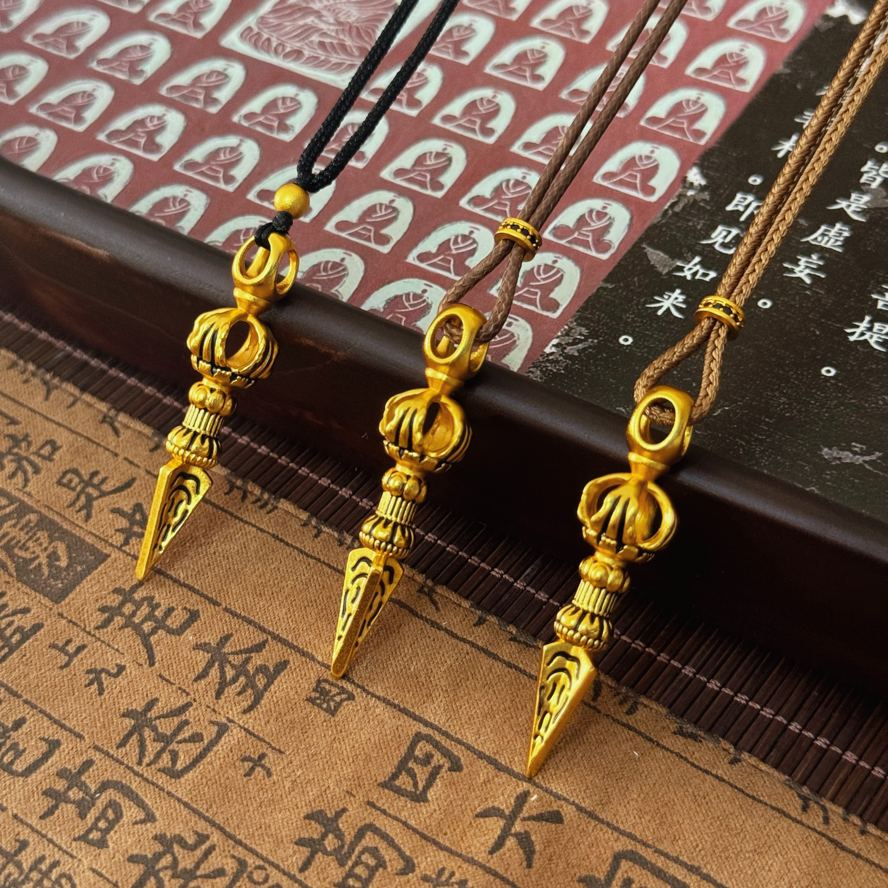 藏式黑金古法沙金錾刻金刚杵吊坠项链降魔杵挂坠复古毛衣链送女友