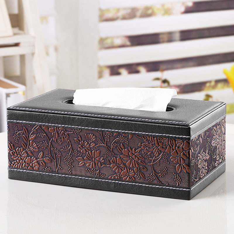 厂家定制复古典雅花纹皮革大号抽纸盒 酒店客厅车载实用款纸巾盒