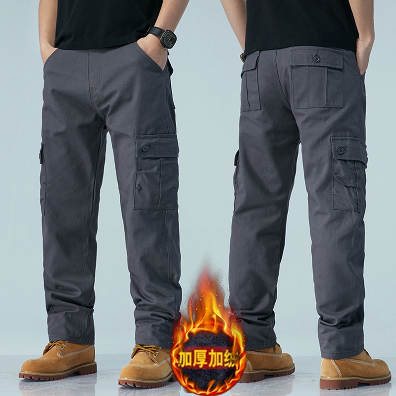 冬季加绒保暖厚款工装裤男棉布休闲裤多口袋宽松直筒工作裤保安服