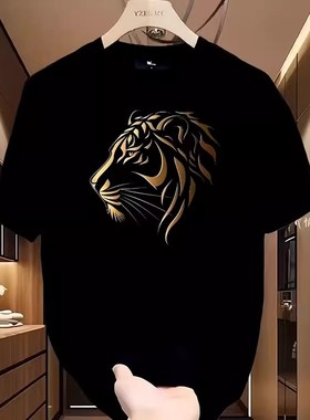 高品质爆款虎头印花短袖男夏季黑色圆领百搭潮流新款半袖T恤男士