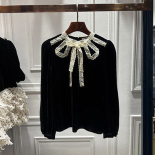 法式 女装 轻奢蕾丝飘带拼接圆领丝绒洋气显瘦上衣 新品 南油2025秋季