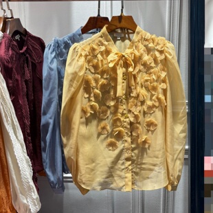 新品 长袖 女装 领口系带衬衫 立体花朵气质显瘦上衣 法式 南油2026春季
