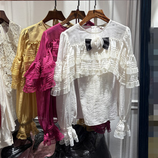 南油2026春季新品女装领口一朵花荷叶蕾丝花边泡泡袖套头仙仙上衣