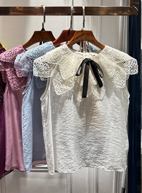 蝴蝶结镂空领微透无袖上衣仙