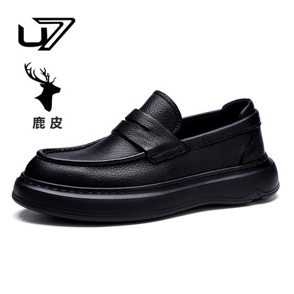 U7高端鹿皮男士皮鞋真皮厚底避震轻便套脚乐福鞋时尚百搭休闲皮鞋