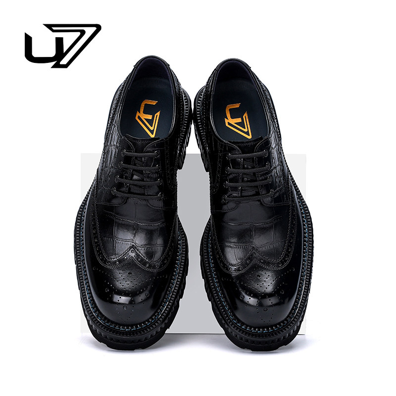 U7高端皮鞋男真皮厚底布洛克雕花时尚德比鞋男纯牛皮商务正装皮鞋