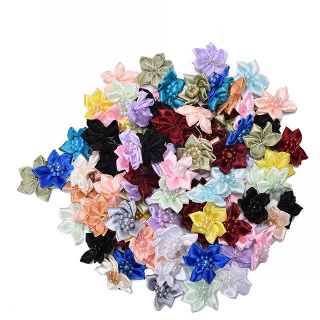 new 100pcs ribbon rose pearl diy wedding flower satin decor