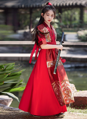 新款汉服女童夏装短袖薄款中国风古装花木兰古装儿童长款红色夏季