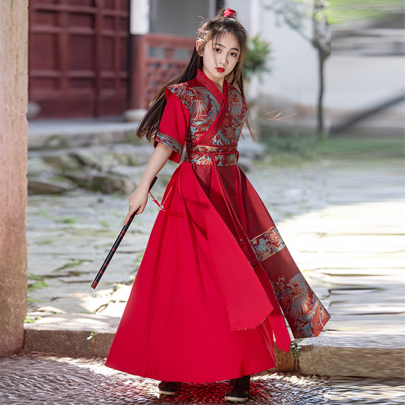 女童花木兰服装夏季短袖仙侠cos表演侠女古装汉服儿童红色演出服
