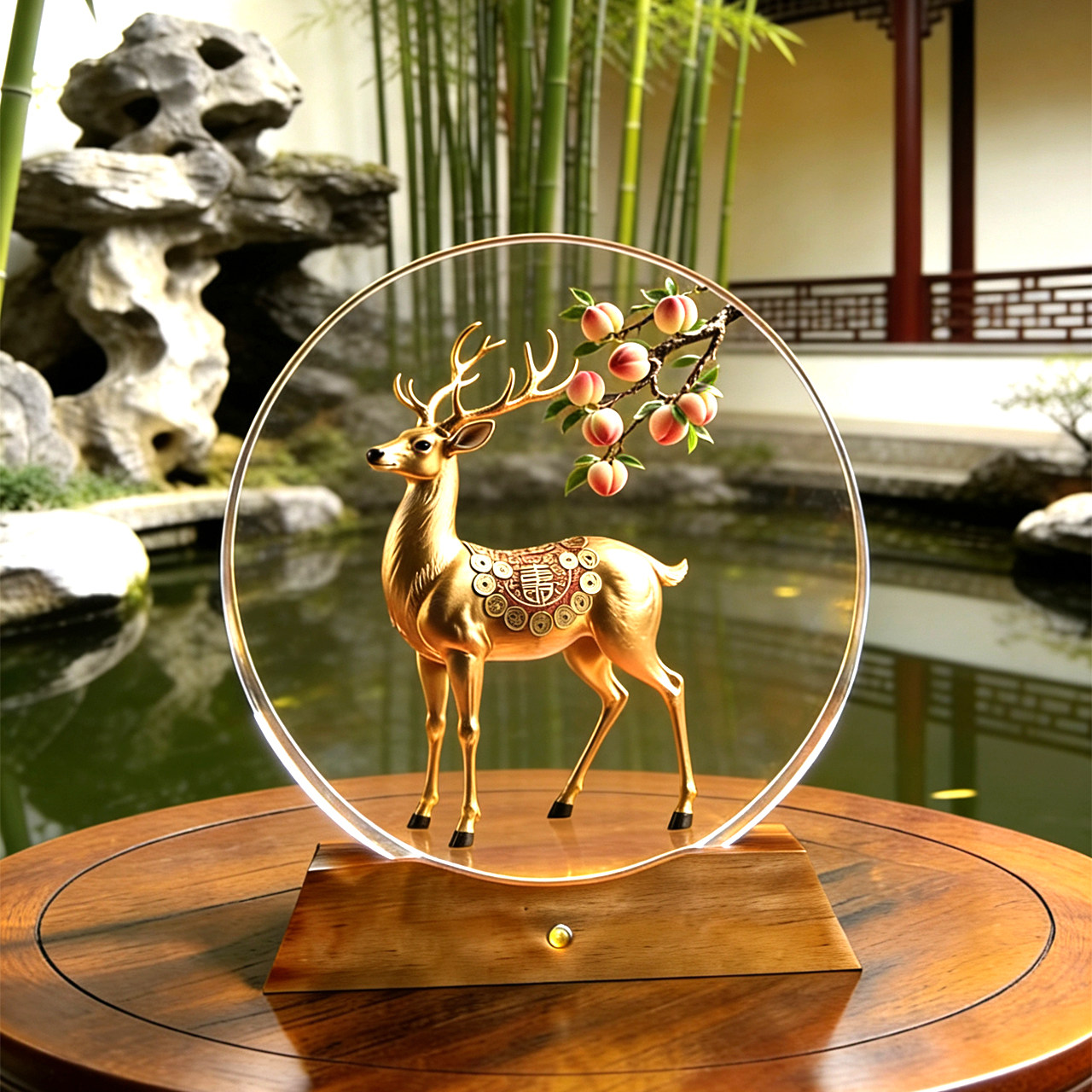 实木彩光底座水晶金鹿寿桃一路发财平安吉祥装饰招财聚宝送礼摆件