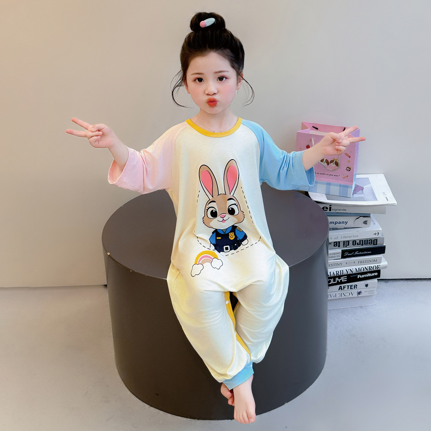 女童连体睡衣春夏季薄款莫代尔兔子宝宝空调服儿童爬服睡袋家居服