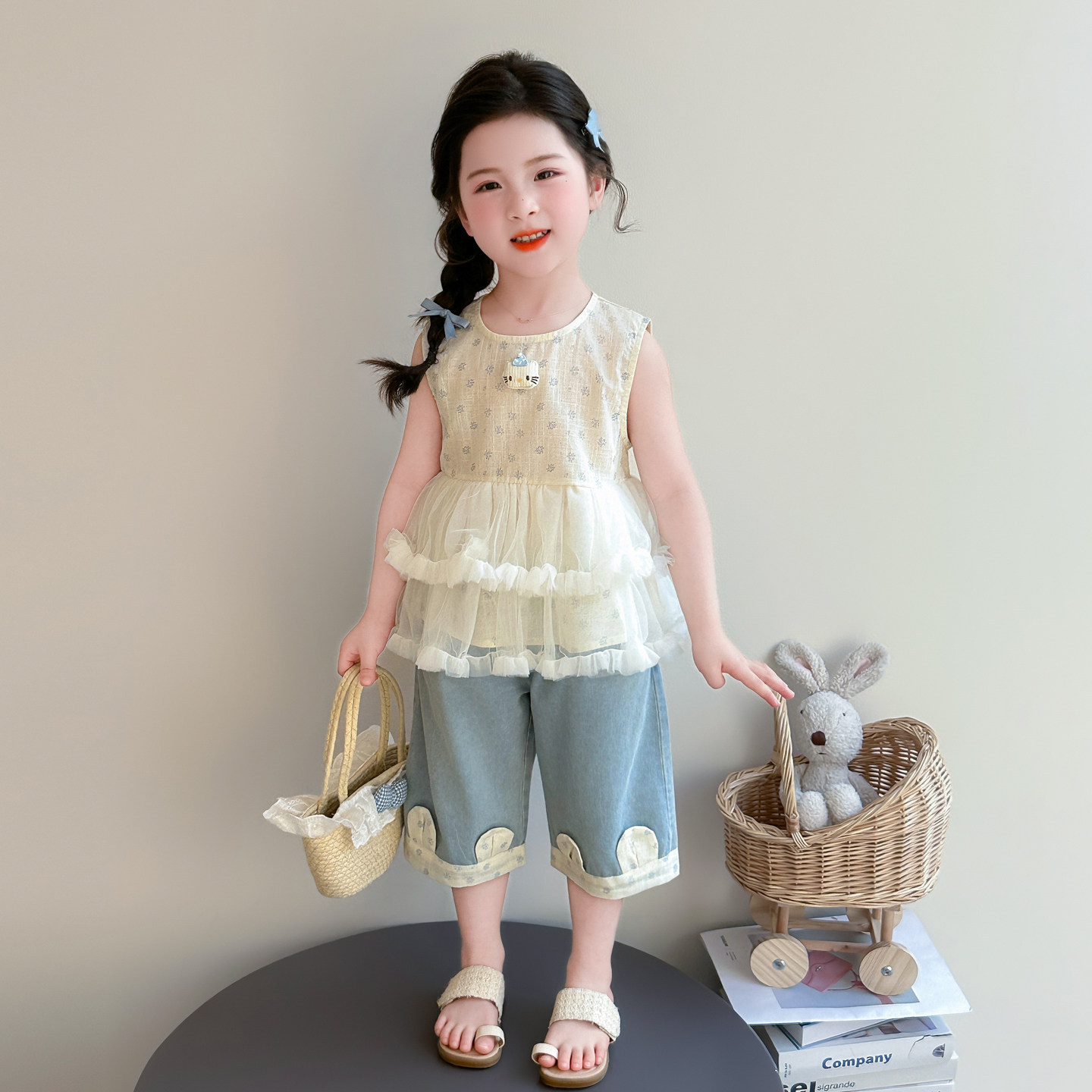 女宝夏季无袖背心裙子套装2026新款儿童洋气韩系花边公主裙牛仔裤