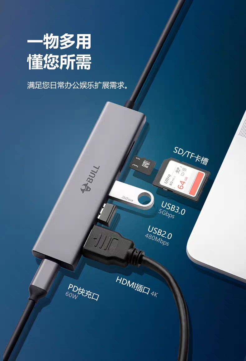 公牛Type-C扩展坞六合一USB-C转HDMI千兆网卡网口电脑转换器