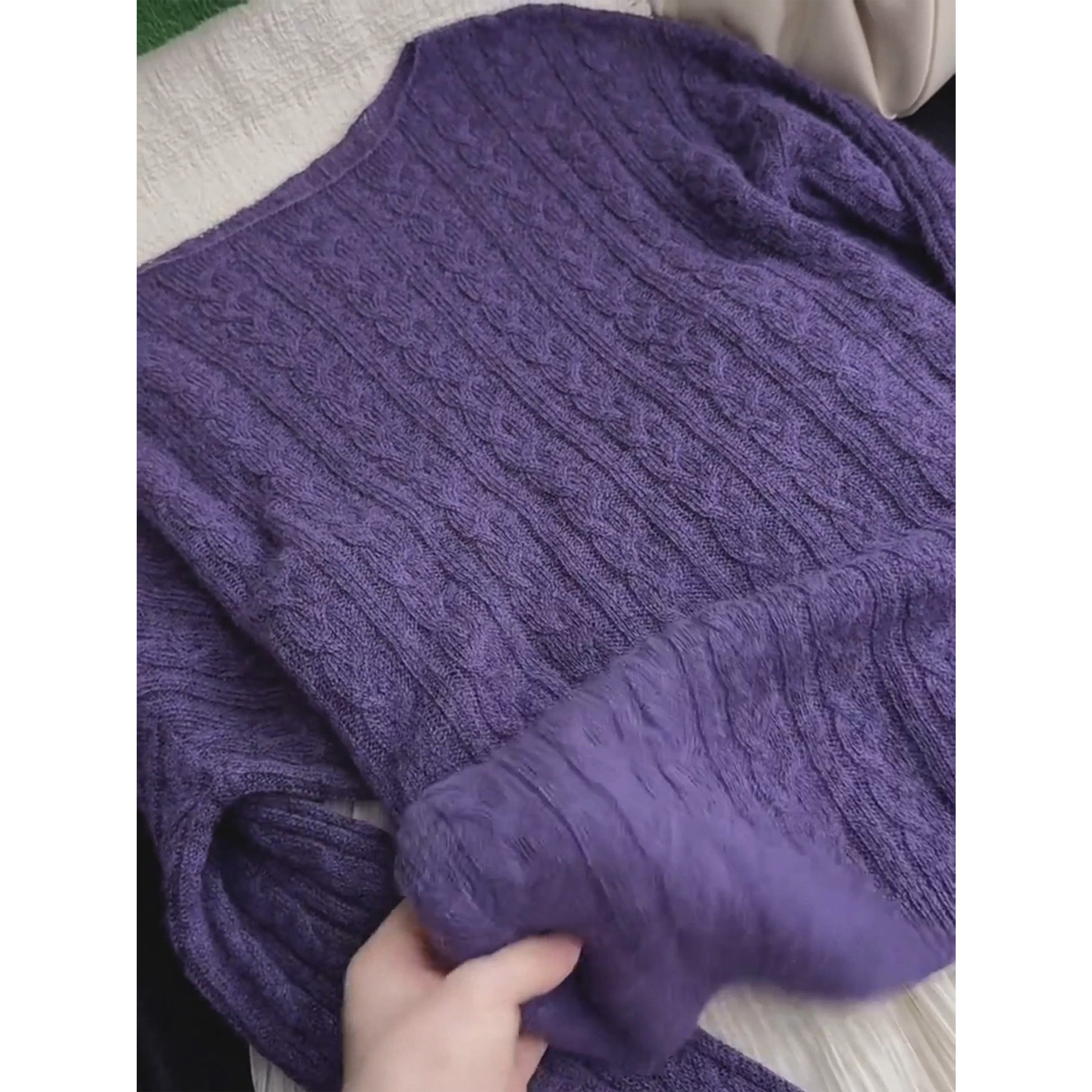春秋新款韩系慵懒风紫色圆领麻花纹针织衫女套头毛衣软糯绞花上衣