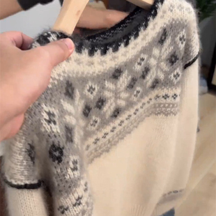 2025秋季新款韩版宽松长袖费尔岛复古提花针织衫女百搭毛衣打底衫