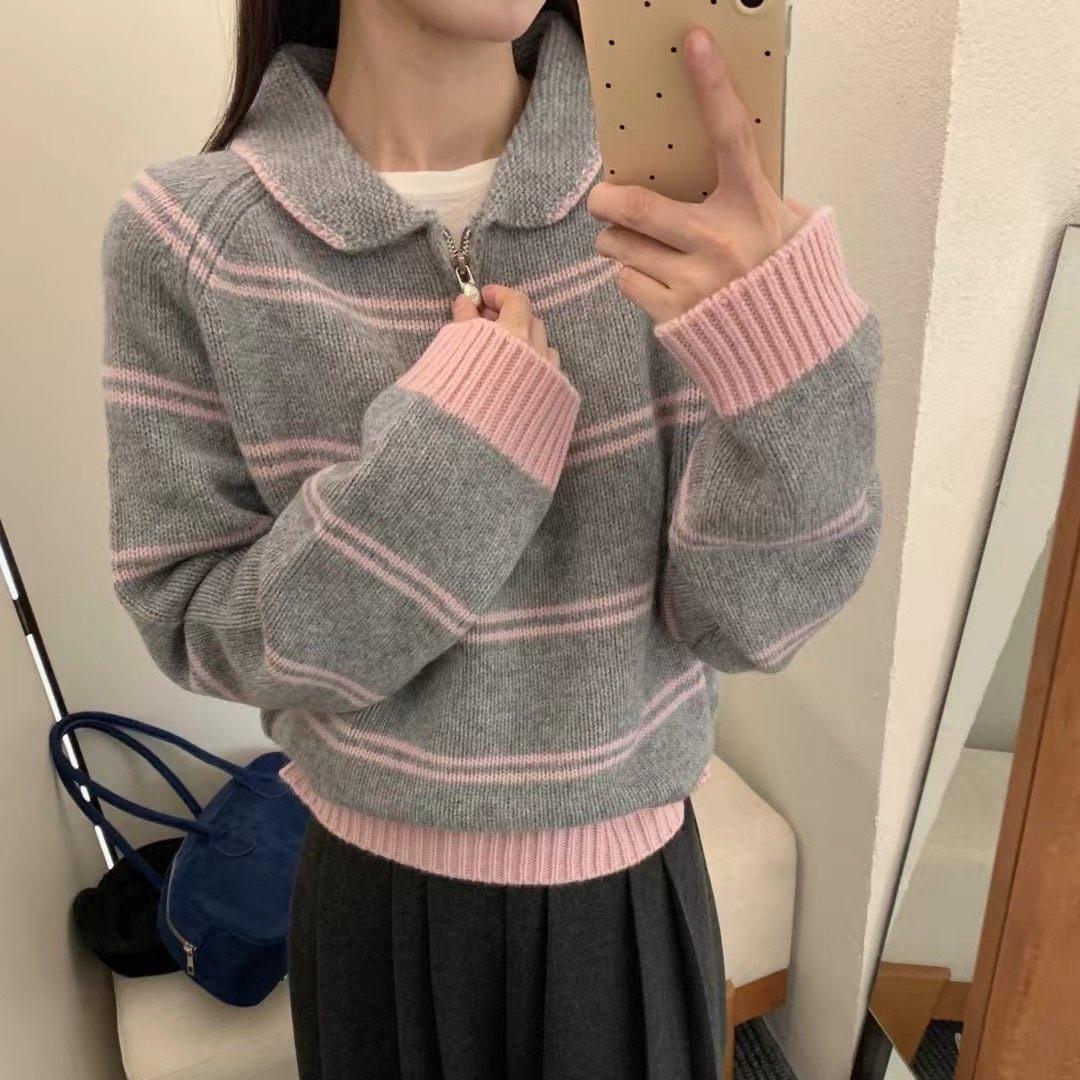 毛衣秋冬条纹针织衫女慵懒Polo领