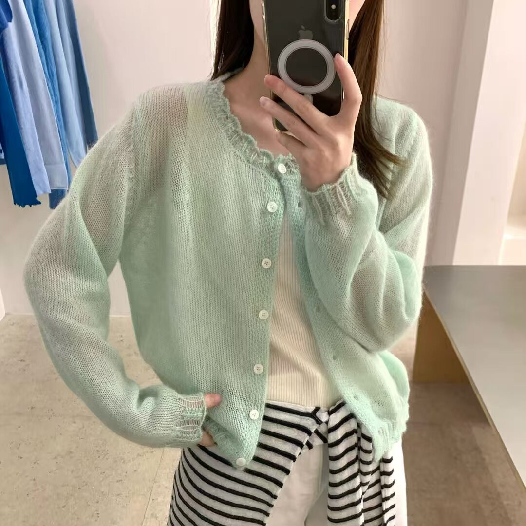 温柔风薄荷绿微透薄款针织开衫女图片