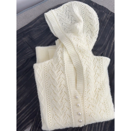 欧货春季镂空钩花连帽针织开衫女