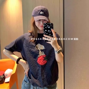 拼接透氣草莓撞色短袖 特大碼 300斤個性 韓范潮 T恤女胖MM寬松大版