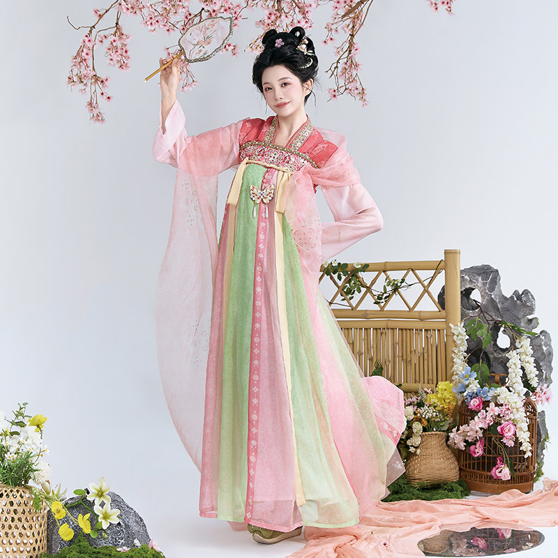 遇锦记原创唐制一片式齐胸襦裙汉服女重工刺绣披帛裙古风套姐妹装