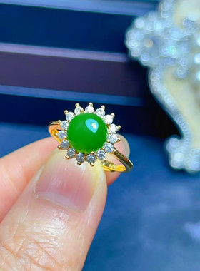 天然和田玉碧玉戒指女S925纯银绿色宝石玉指环开口可调节女友礼物