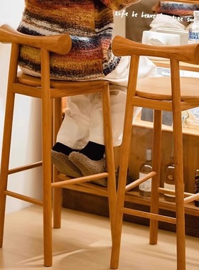 日式实木蝴蝶吧台椅家用民宿餐厅酒吧收银台岛台北欧高脚靠背凳子