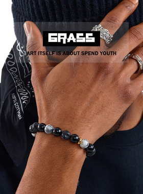 黑曜石圆手链男嘻哈高级感手串欧美潮女款潮饰品情侣手串气质百搭