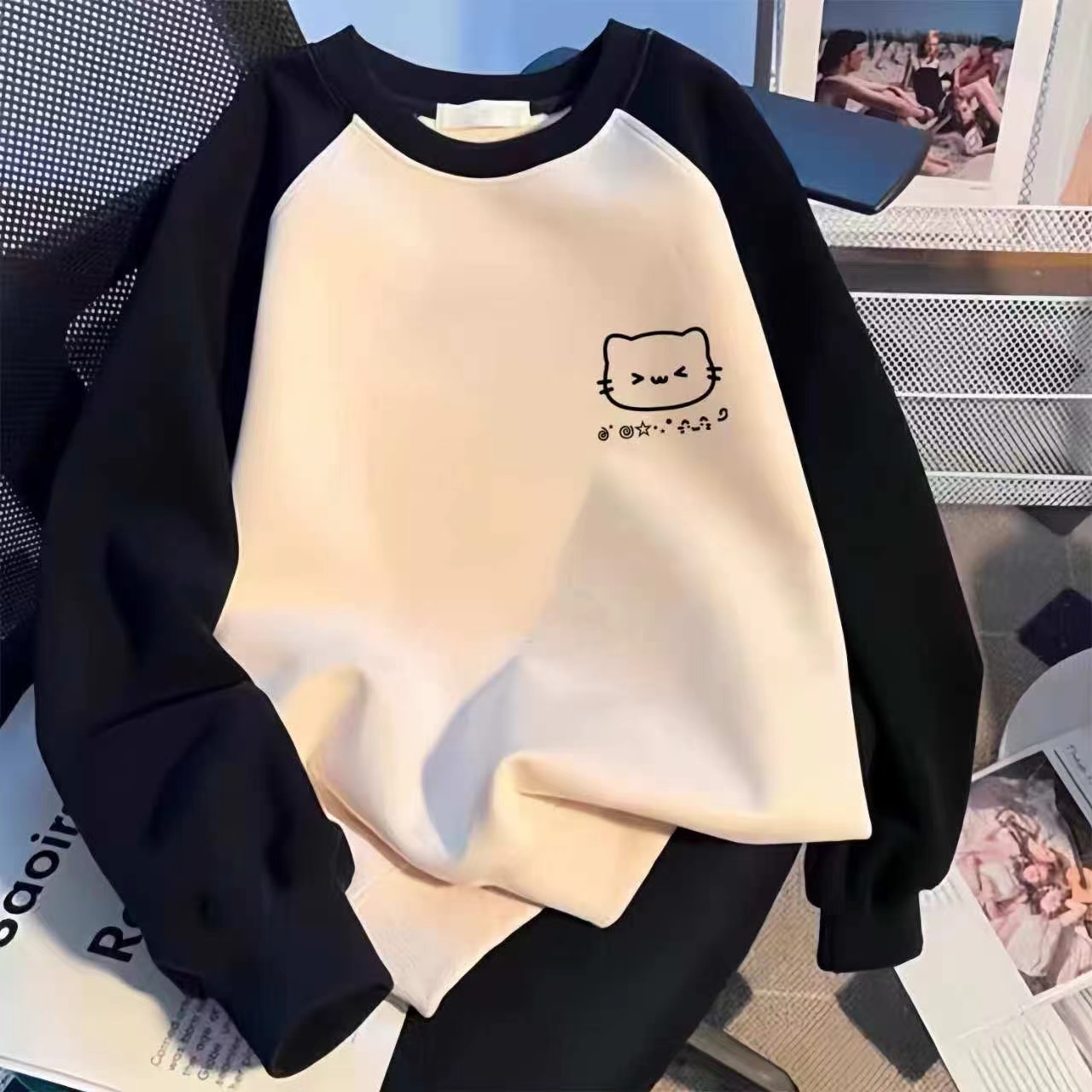 女童撞色无帽卫衣秋冬加绒宽松