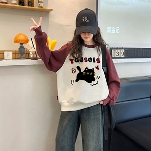 女童酒红插肩袖卫衣2025新款中大童秋冬季加绒宽松圆领无帽打底衫