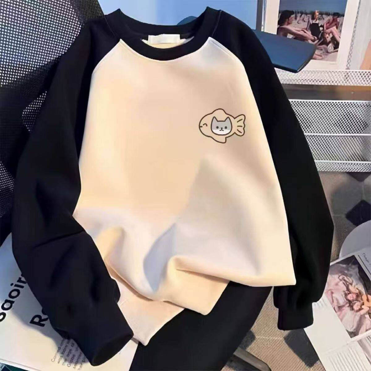 女童撞色插肩袖圆领卫衣中大童春秋冬新款宽松无帽上衣服打底衫潮,童装/婴儿装/亲子装,卫衣/绒衫,淘宝优惠券,粉丝福利购,淘宝优惠卷