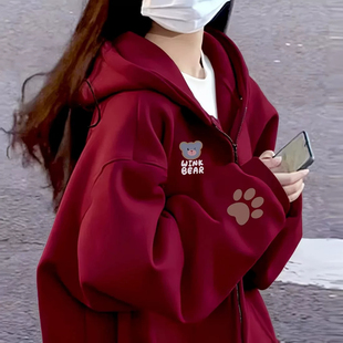 美式卫衣女童学生韩版宽松潮ins秋冬季拉链加绒连帽上衣外套薄款