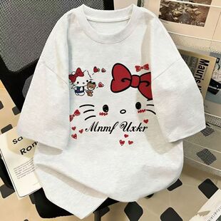 女童白灰色短袖T恤夏季2026新款中大童宽松学院风百搭可爱上衣