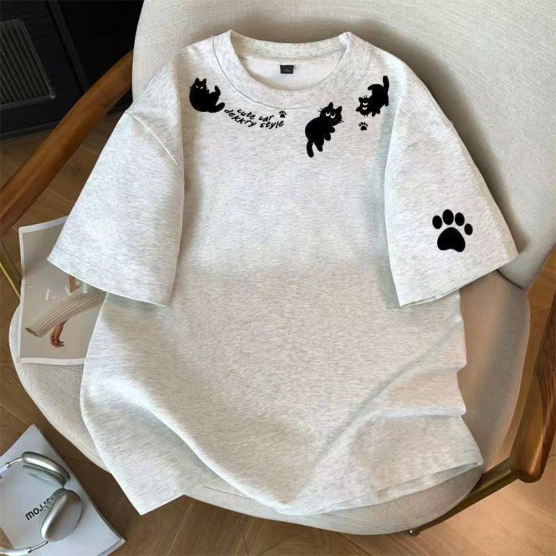 中大童纯棉美式复古风猫爪短袖图片