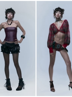 越在线越南小众reis新款V领长袖上衣短裤套装+抹胸荷叶边短裤套装