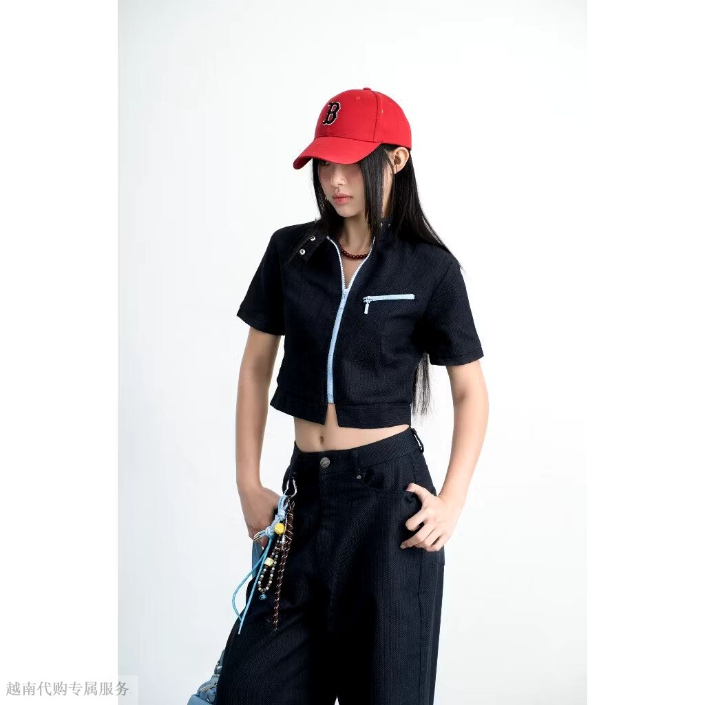 越在线越南小众hoo新款时尚简约拉链短外套宽松休闲阔腿裤套装