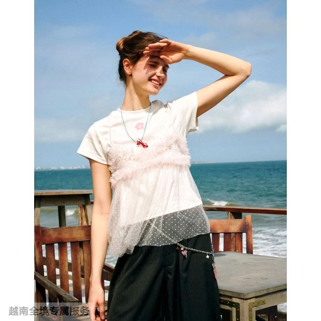 越在线越南小众remmus新款性感甜美半透明蕾丝花边吊带上衣