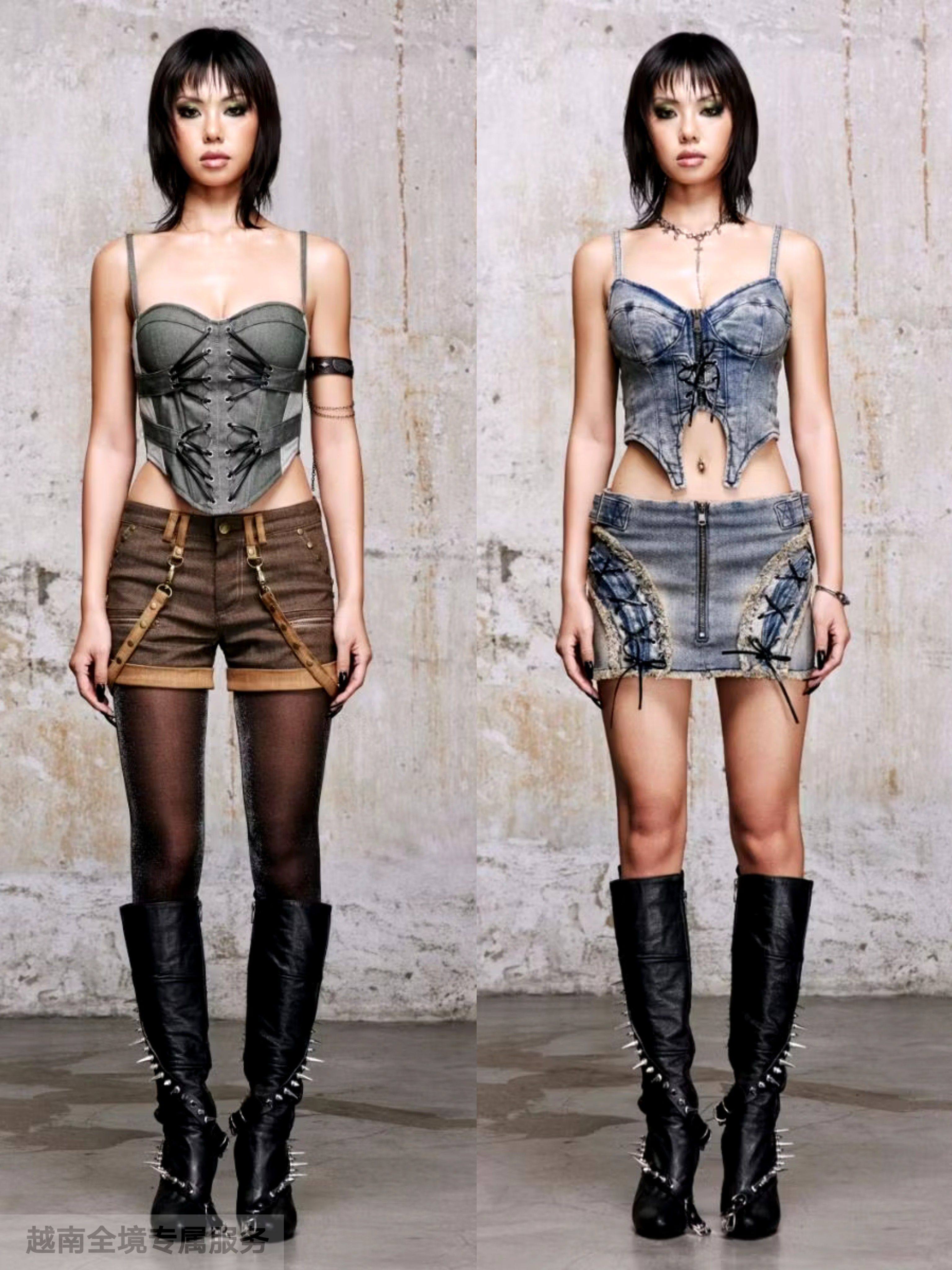 越在线越南小众Dabugs酷飒性感辣妹牛仔抹胸上衣短裤/短裙套装