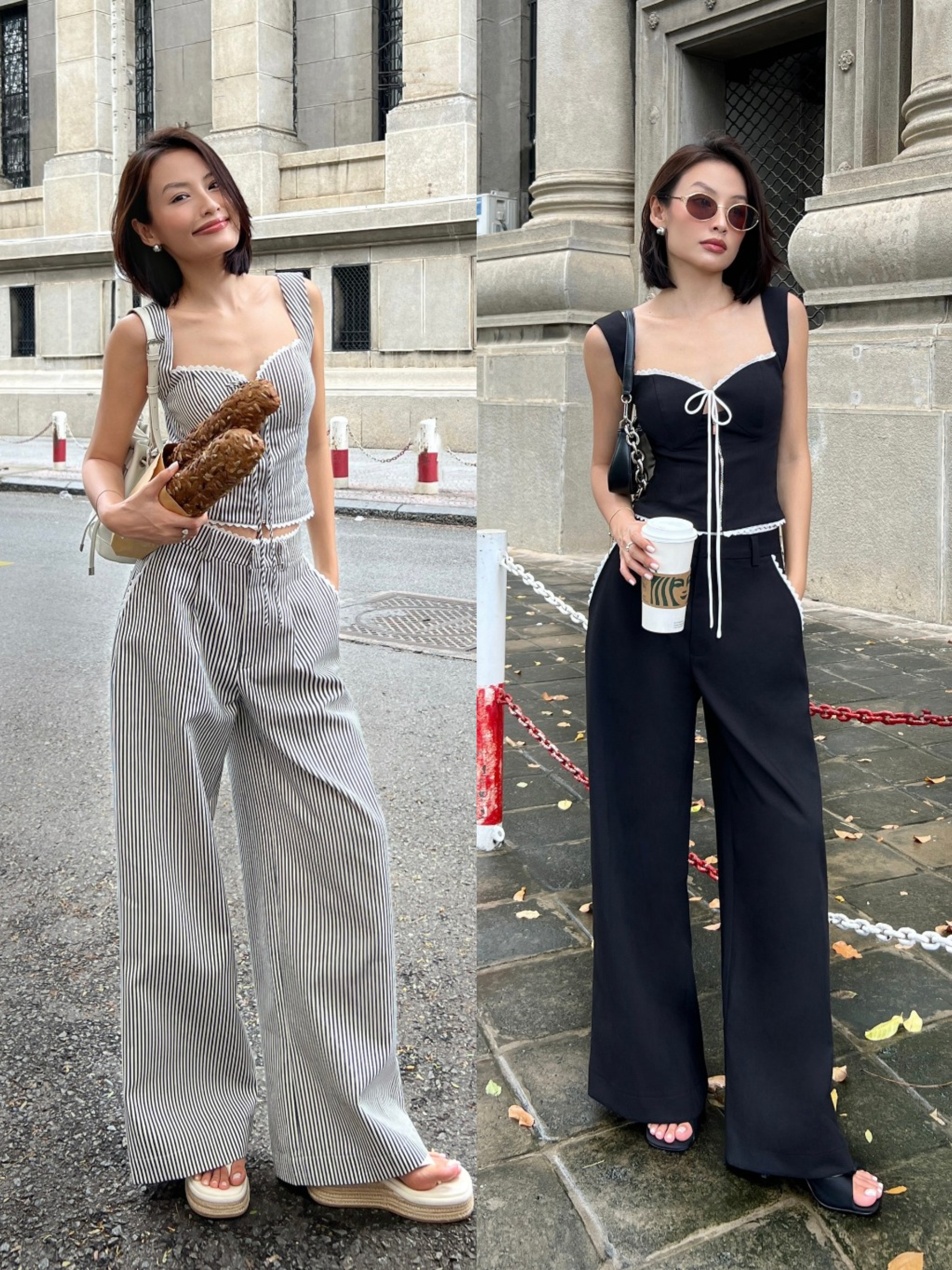 越在线越南小众hoo新款简约干练休闲方领吊带背心休闲长裤套装