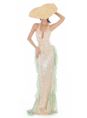 越在线越南小众doublebizz女神范深V露肩背绑带包臀鱼尾连衣裙