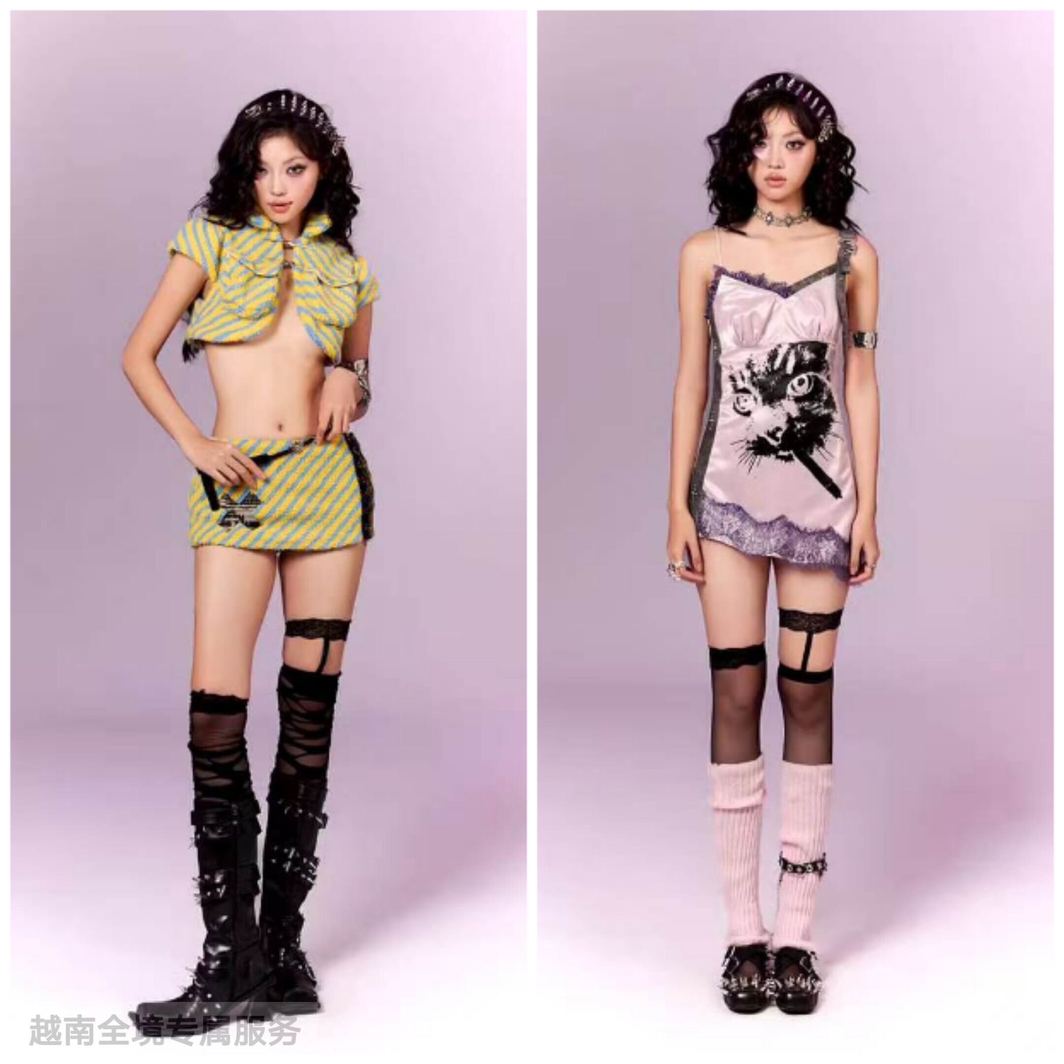 越在线越南小众szombies新款个性印花吊带裙+短款上衣短裙套装
