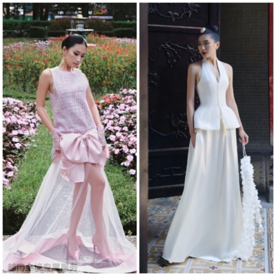 越在线越南小众ononmade新款挂脖上衣半裙套装+粗花可卸吊带套装