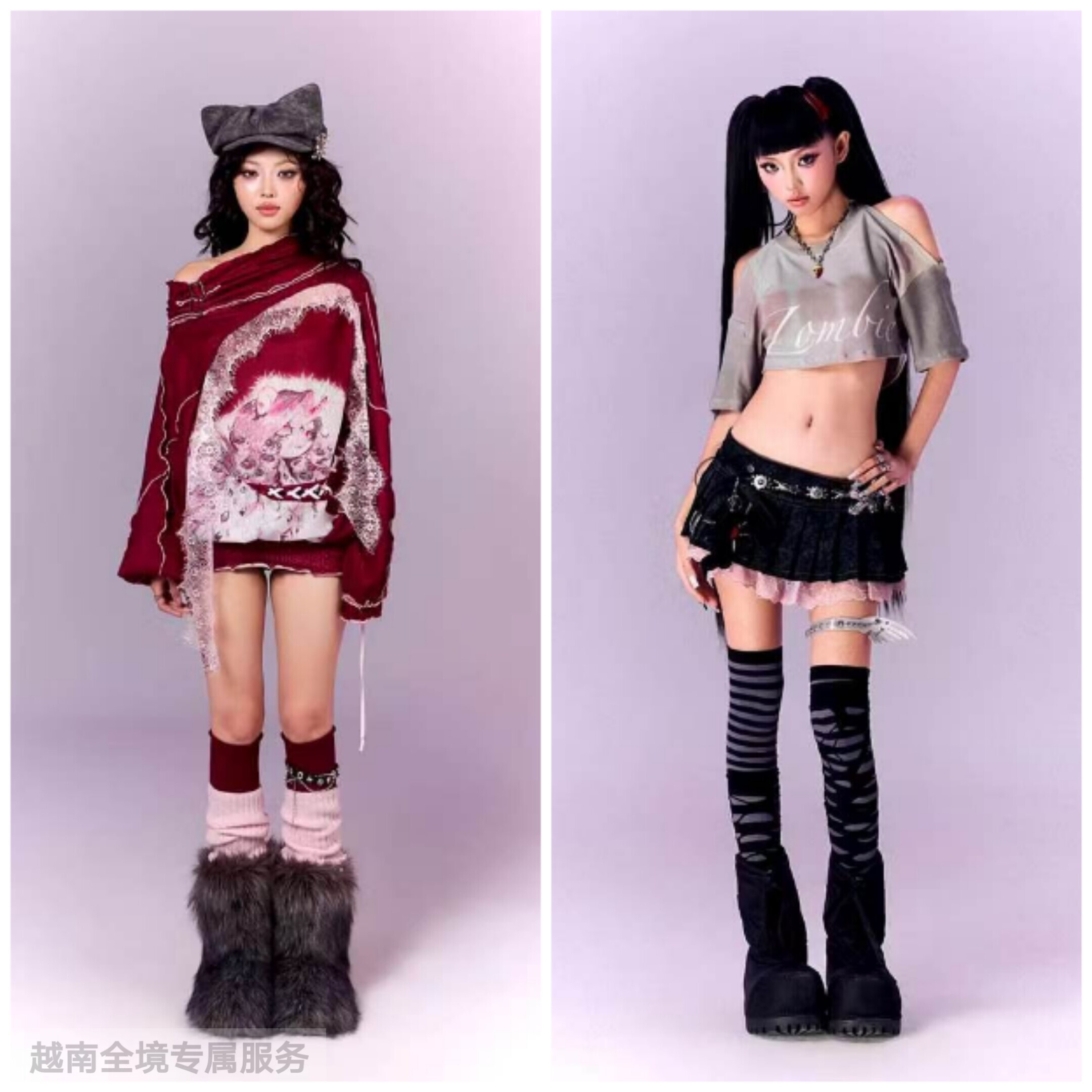 越在线越南小众szombies新款露肩短袖短裙套装+拼接印花连衣裙