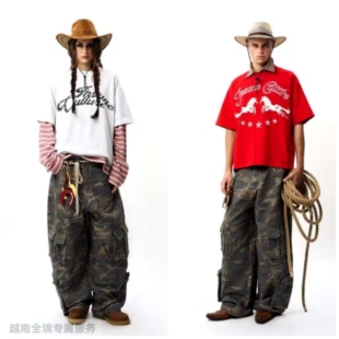 越在线越南小众insane新款慵懒休闲做旧宽松T+迷彩工装阔腿裤套装