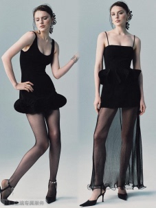 越在线越南小众mirae简约时尚露肩背花苞短裙/荷叶边抹胸网纱长裙