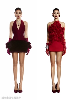 越在线越南小众moulin高贵典雅挂脖毛毛短裙/立体花上衣半裙套装