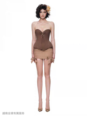越在线越南小众doublebizz新款性感抹胸鱼骨波点修身短裙套装