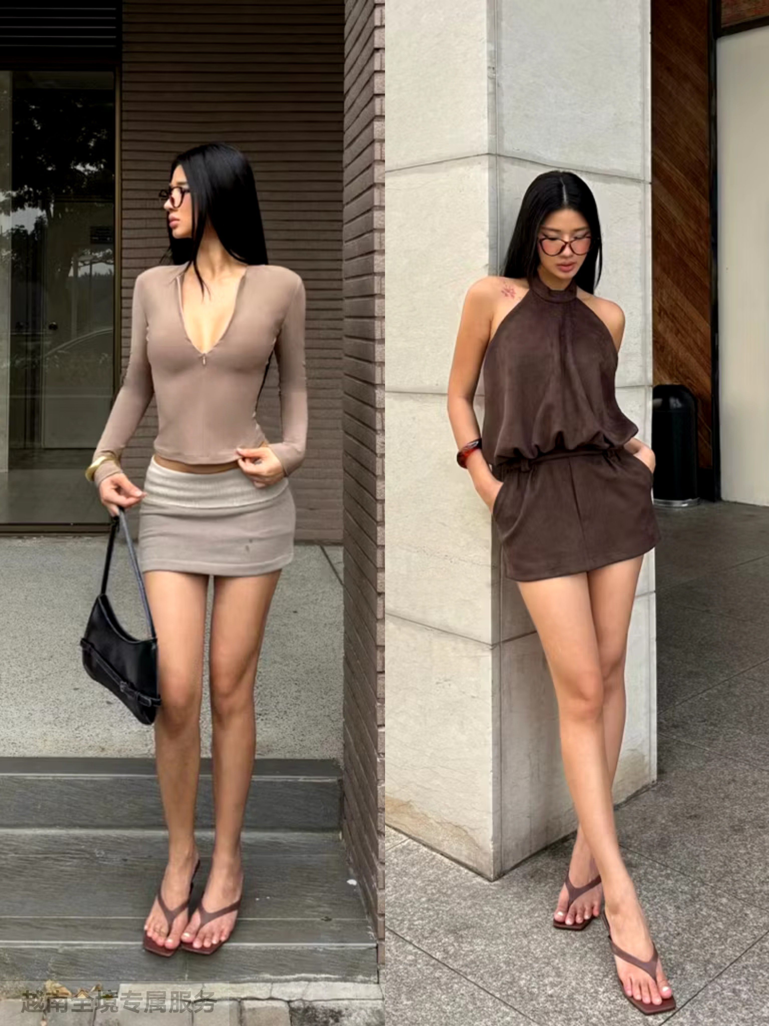 越在线越南小众Vii深V简约长袖上衣包臀短裙套装挂脖露背束腰短裙