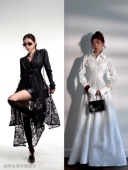 短裙套装 越在线越南小众desi新款 蕾丝拼接长袖 露背绑带连衣长裙